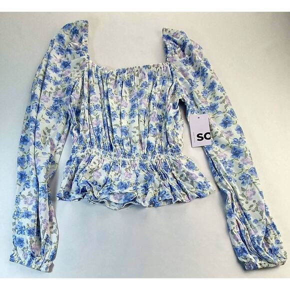 SO Goods For Life Blue Floral Ruched Peplum Waist Crop Top Size Medium NWT - Picture 1 of 8